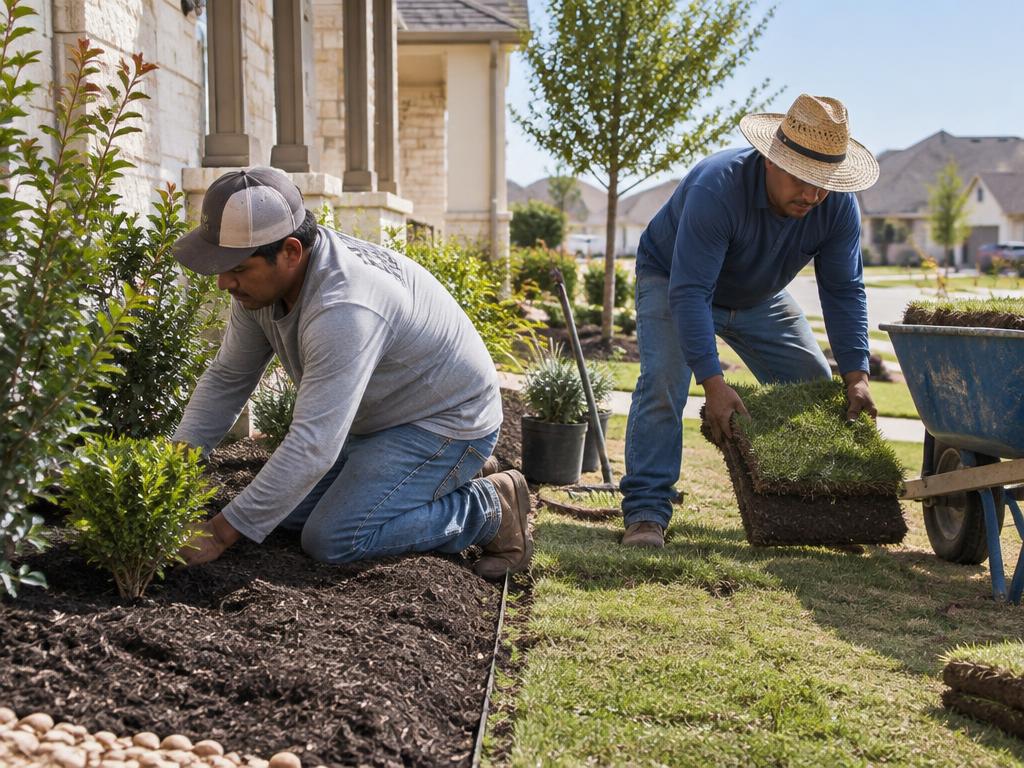 Contratistas instalando césped y plantas en un jardín